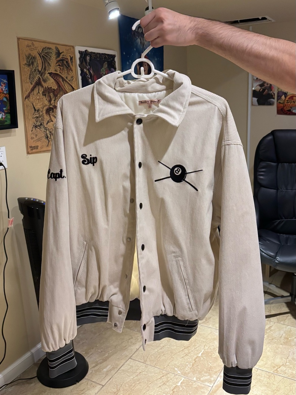 Vintage-Inspired Cream Corduroy Jacket with Embroidered Logo